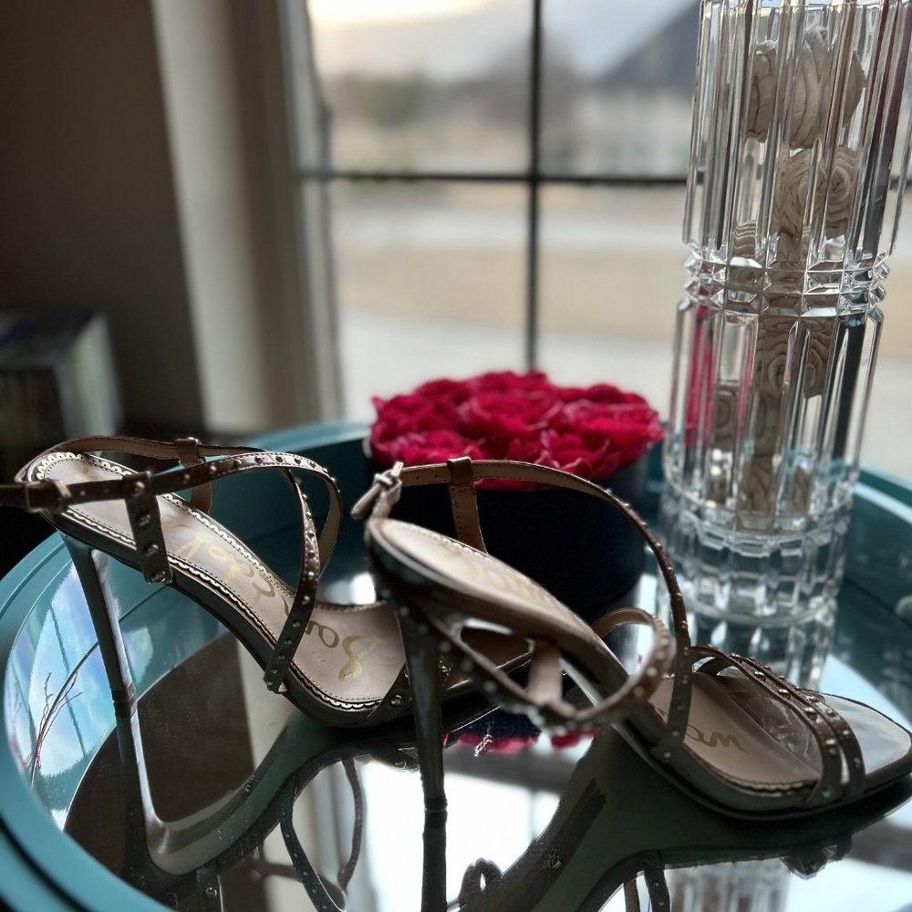 Sam Edelman Women’s Lennox Heeled Studded Tan Leather Sandals - Picture 3 of 7